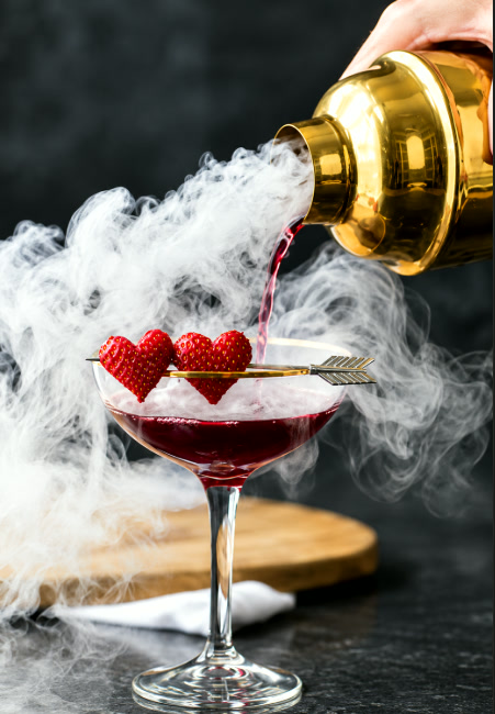 Cocktail versé d'un shaker doré dans une brume de glace sèche